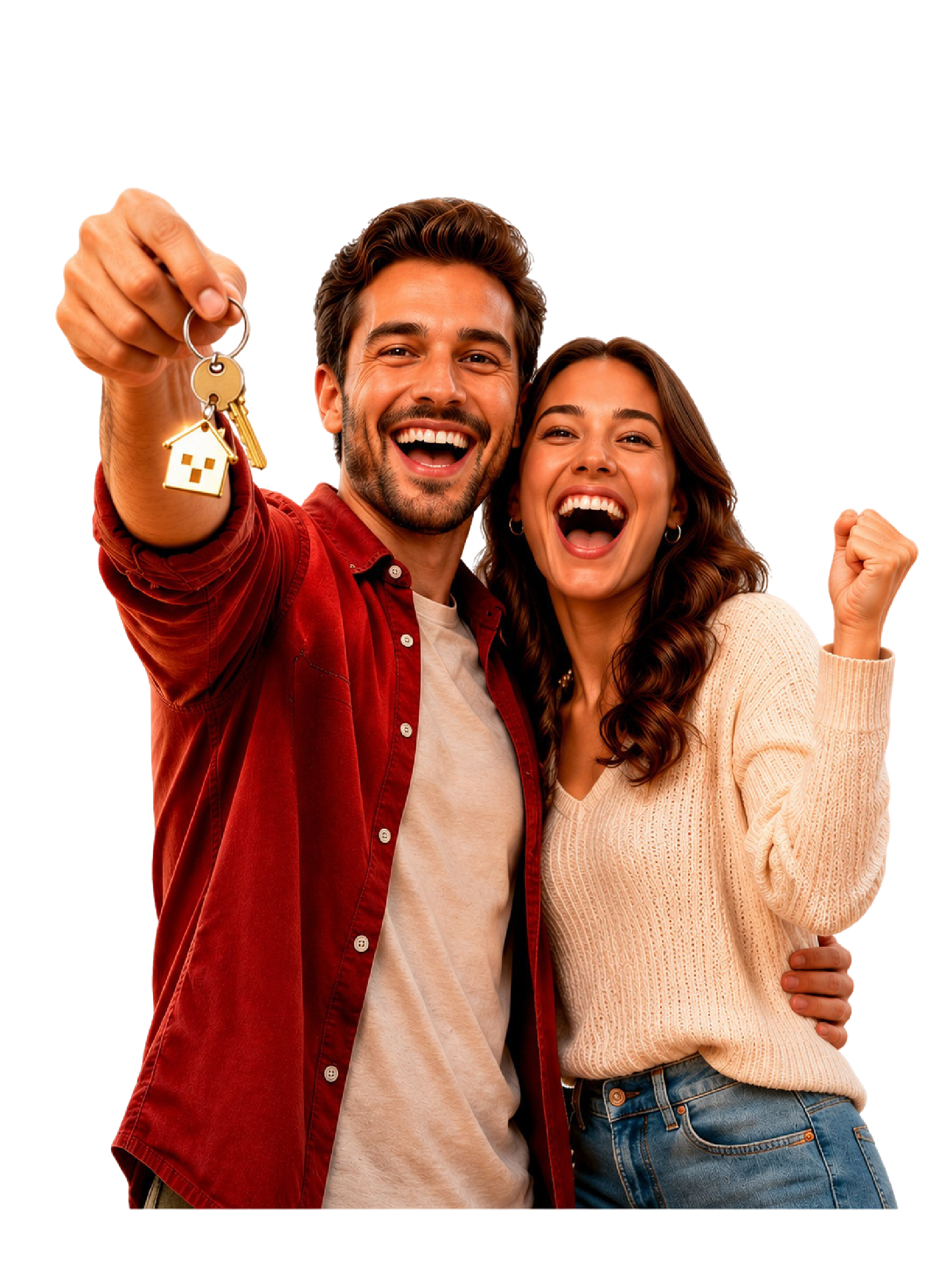 Casal celebrando com a chave do imóvel